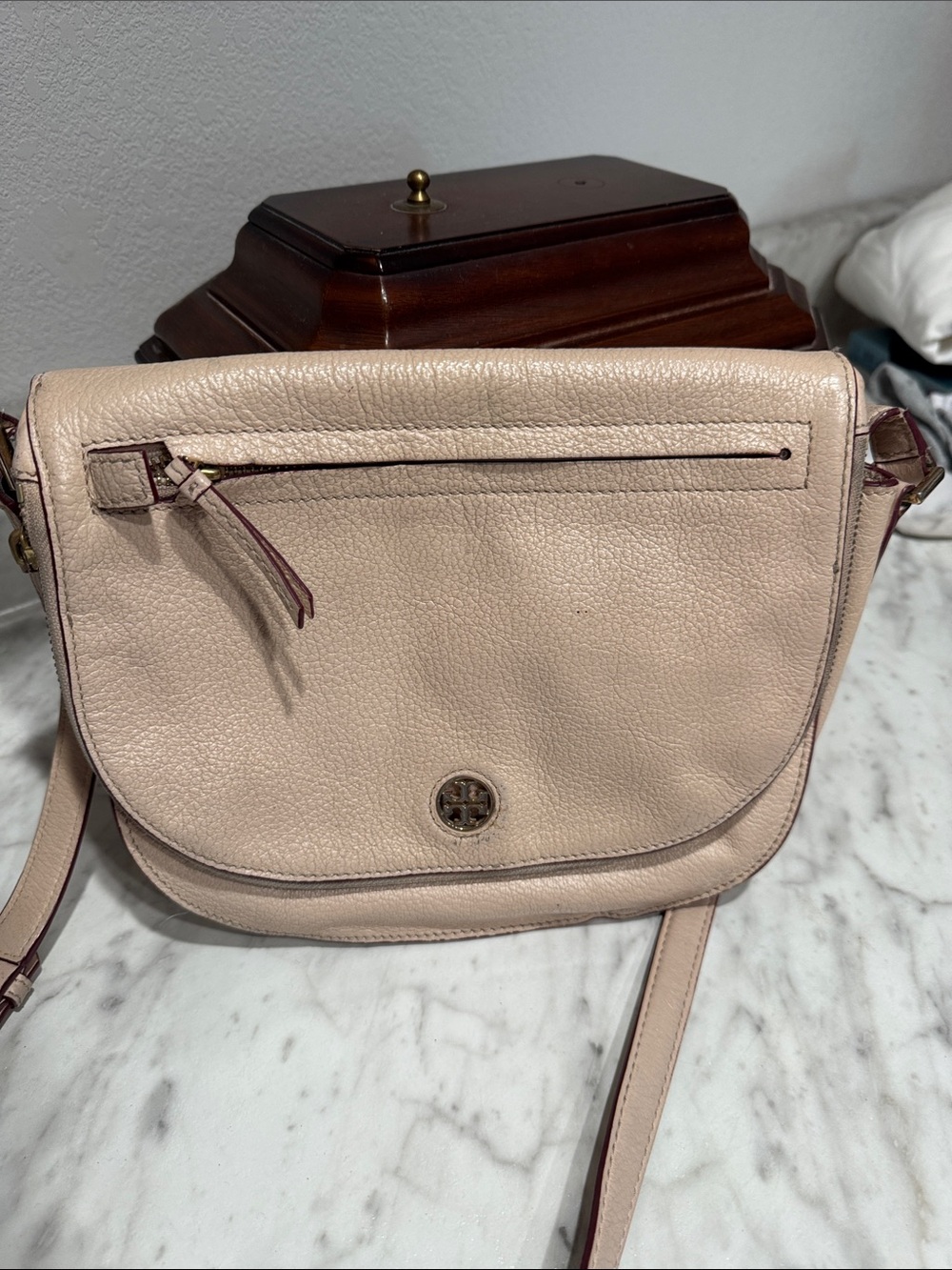 Tory Burch Leather Saddle Crossbody Bag in Light Beige
